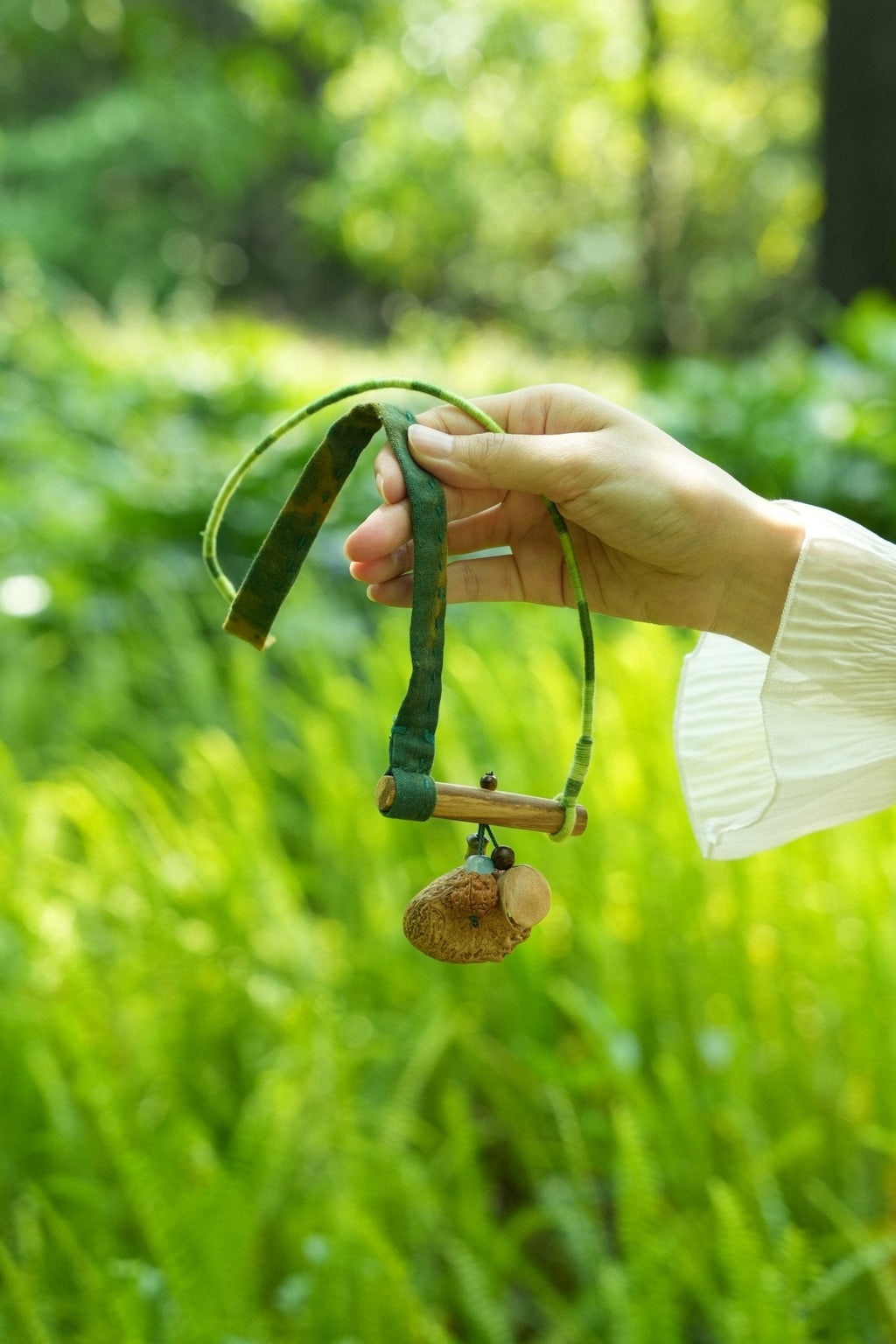 "The Mossy Branch" - Green Fabric Strap Necklace with Wood Bar & Seed Pod