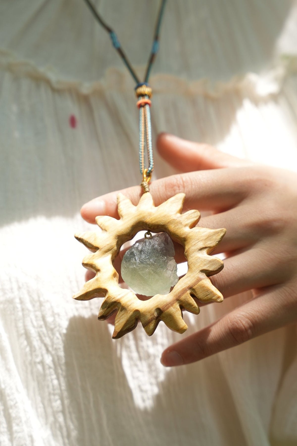 "Solar Crystal" Wood Sun Gemstone Pendant