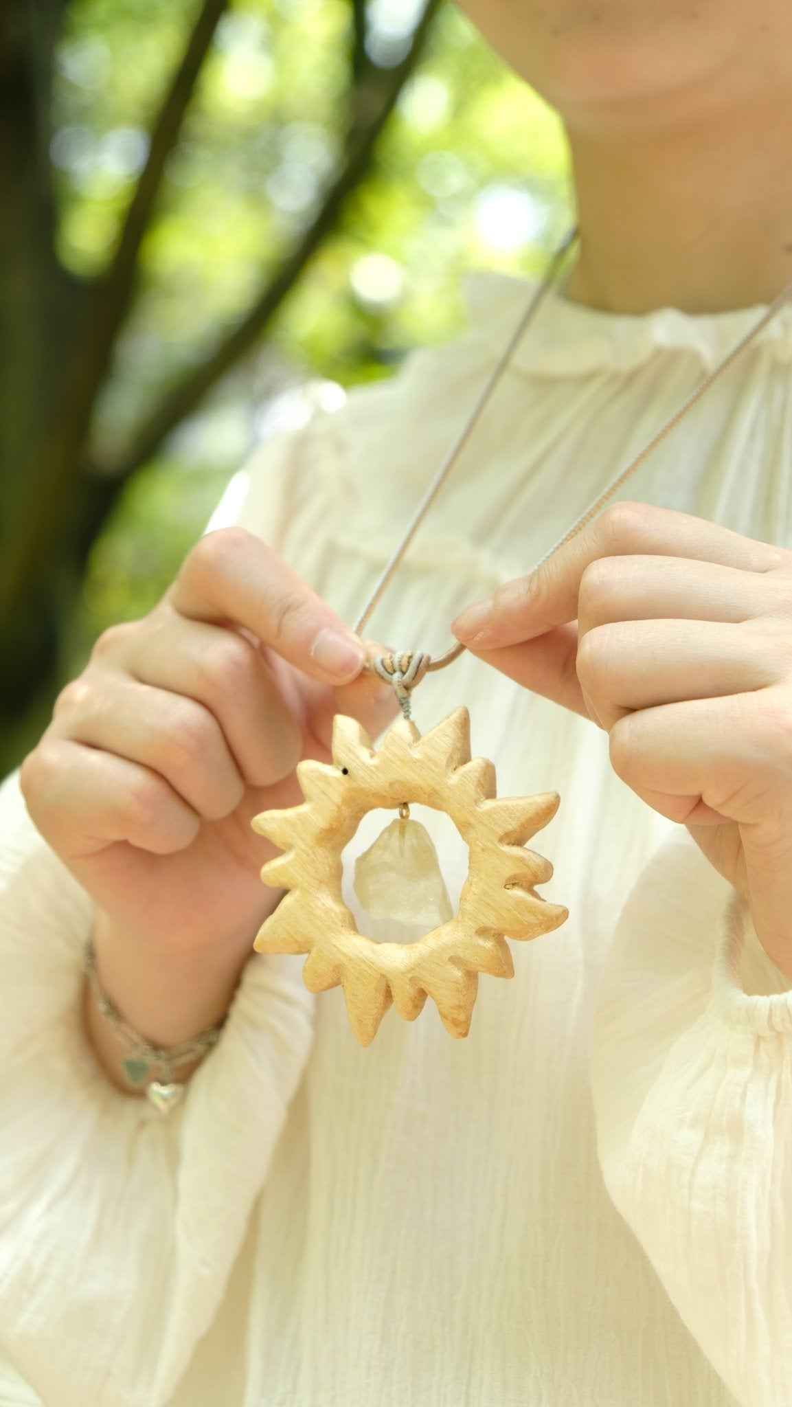 "Solar Crystal" Wood Sun Gemstone Pendant